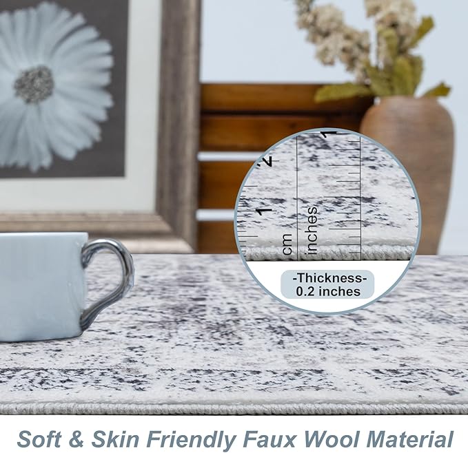 Area Rug 5횞7, Vintage Boho Rug,Ultra-Soft Low Pile, Washable, Non Slip,Stain Resistant Printed Carpet for Living Room Bedrooms Playroom Office Kitchen, Classic Grey.