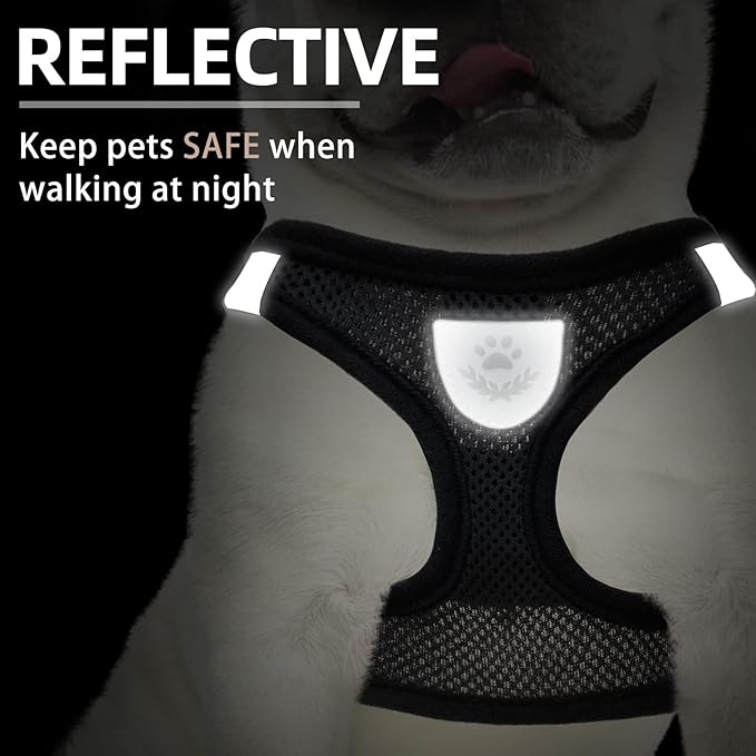 PUPTECK Adjustable Dog Harness Collar and Leash Set Step in No Pull Pet Harness for Small Medium Dogs Puppy and Cats Outdoor Walking Running, Soft Mesh Reflective Vest Harnesses, Solid Black XXS
