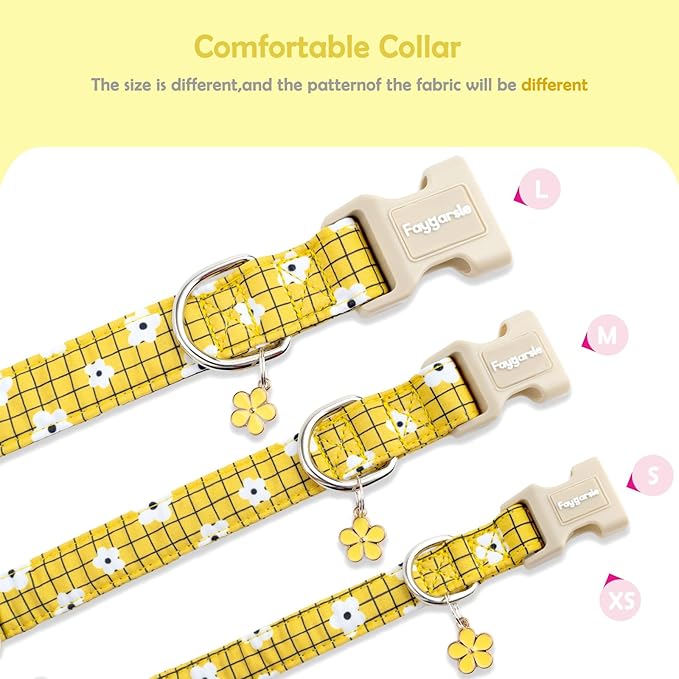 Faygarsle Floral Plaid Pattern Dog Collar, Yellow with White Flowers Summer Spring Design for Small Medium Large Dogs L