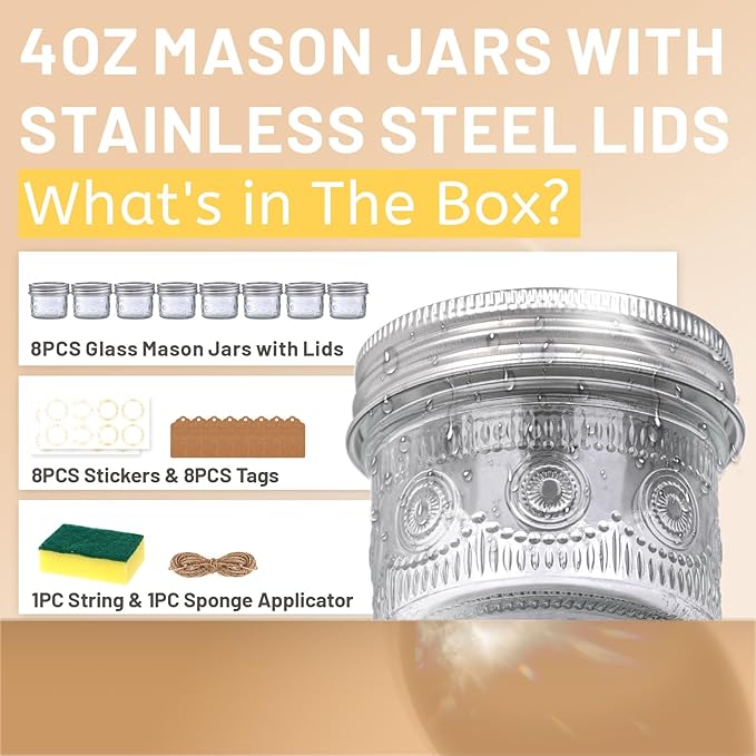 4 oz Glass Mason Jars with 18/8 Stainless Steel Lids, 8-Pack Small Canning Jars with Embossed Pattern, Mini Glass jars for Jams, Jelly, Honey, Spices, Desserts, Wedding Favors and Gift Packaging