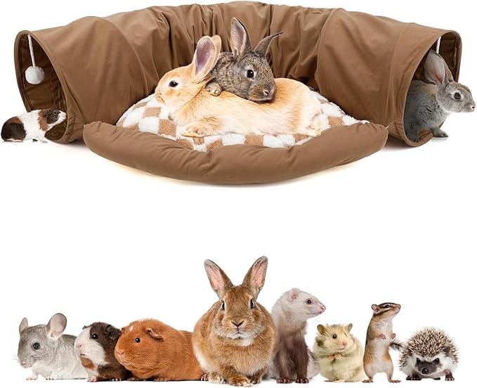 BWOGUE Bunny Tunnel Bed, 2-in-1 Collapsible Tunnel Tubes Toys with Removable Mat Hideout for Cats Kittens Rabbits Guinea Pigs Kitty (Coffee)