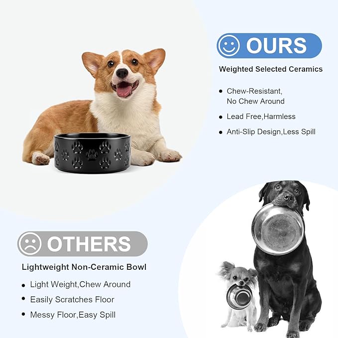 SPUNKYJUNKY Ceramic Dog and Cat Bowls 2 Pack, 6.1'' Dog and Cat Food Water Double Feeding Bowls Non-Slip for Large Sized Breed Microwave Dishwasher Safe - 28.7 OZ, 2pcs, Paw Black