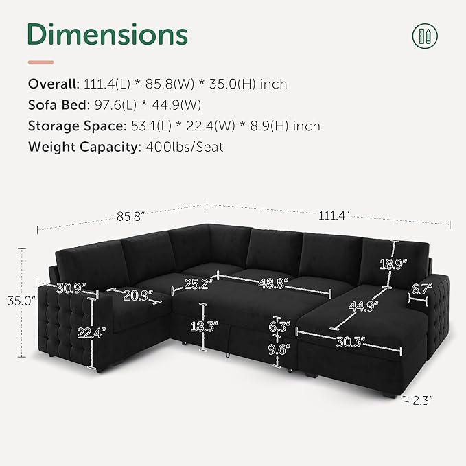 HONBAY Sectional Sleeper Sofa with Pull-Out Bed Storage Chaise,Modular Couch for Living Room, Black
