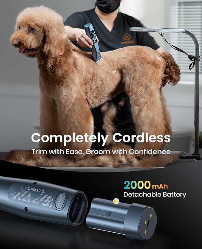 oneisall Professional Dog Grooming Clippers, Cordless Professional Dog Clippers for Grooming, 2-Speed Heavy Duty Clippers for Thick Curly Matted Coats, Detachable A5 Blade, Detachable Batteries