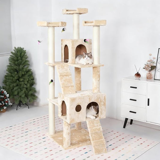 Extra Large Platform Cat Tree 69in Sturdy Cat Scratching Tree for Indoor Cats Large Adult Big Cat Perch Tower with 3 Padded Perches 5 Scratching Posts Cat Condo Hammock Beige