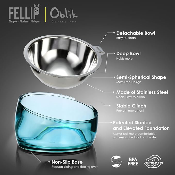 Felli Pet Oblik Slanted Dog Food Water Bowl Elevated Stainless Steel Oval Dish Ergonomic Angled Metal Feeder Spill Proof Non Slip, Raised Acrylic Cone for Bulldog Pug Small Medium (1.5Cup Sapphire)