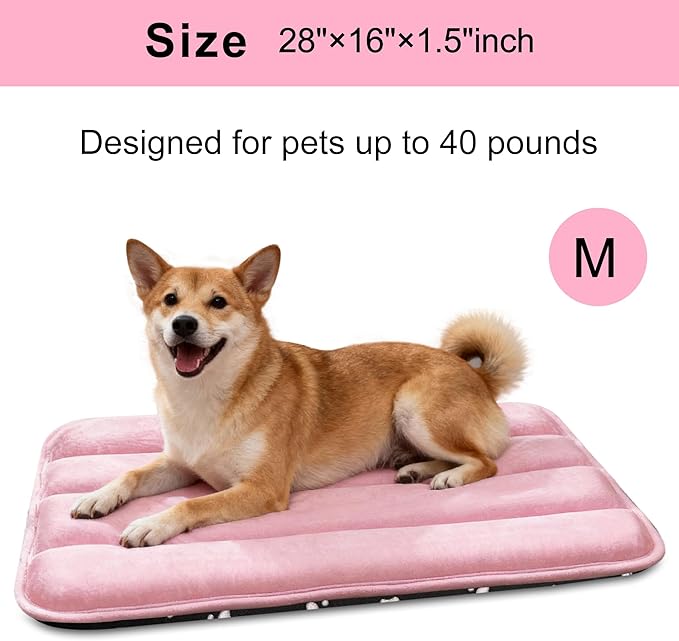 Dog Bed Mat, Reversible Dog Crate Pad with Washable Kennel Mat and Soft Foam, Flat Pet Bed for Dogs & Cats, for Crates Carriers & Travel (Pink, 28" L*16" W*1.5" Th)