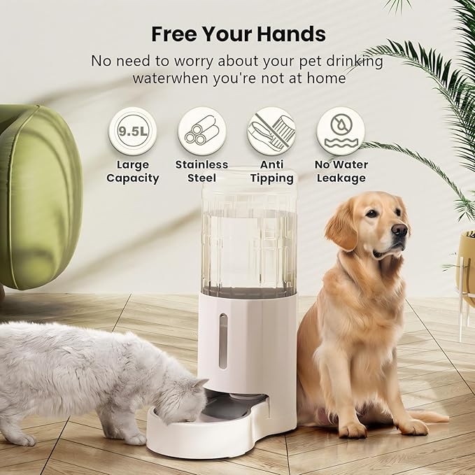 CZPET 2.5 Gallon Dog Water Bowl Dispenser, Automatic Dog and Cat Water Dispenser with Stainless Steel Bowl, Gravity Waterer, Large Capacity, and Quiet Drinking Area for Pets (9.5L,White)