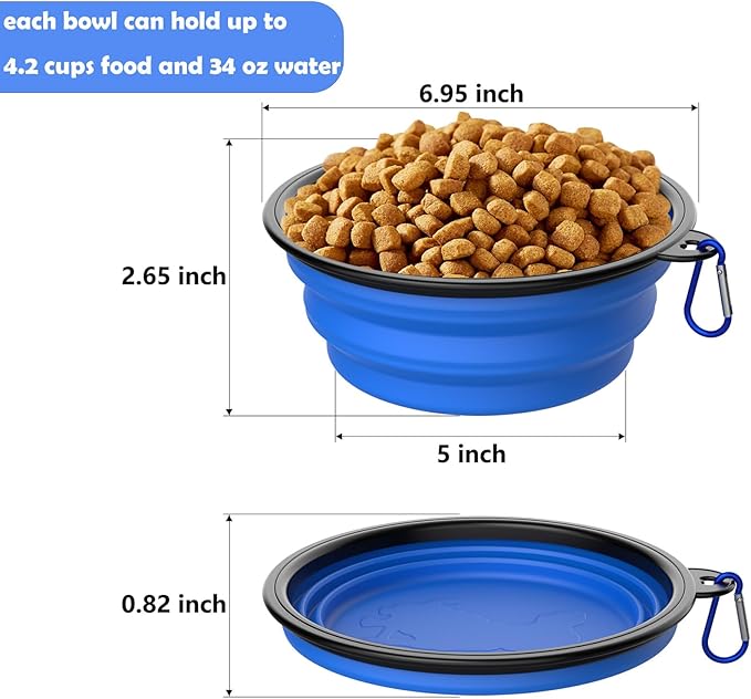 2 Pack Collapsible Dog Bowl Travel Portable Pet Bowls [34oz,1000ml],Expandable Foldable Food Water Feeding Dishes for Traveling Hiking Walking,with Carabiners [Green,Blue]
