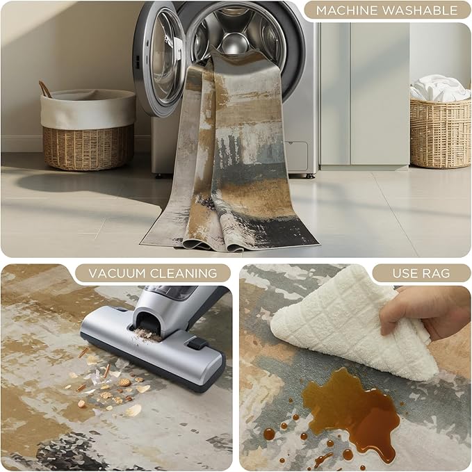 Joydeco 6x9 Area Rugs for Living Room, Non-Slip Modern Abstract Soft Washable Rug, Low Pile Carpet for Bedroom, Dining Room, Home Office, Pet & Child Friendly, White &Beige & Dark Gray