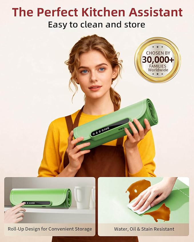 Warming Mat for Food, Upgraded Fast-Heating Electric Warming Tray with 7 Temp Levels & 8 Timers, Buffet Raised Feet & Rollable Silicone Heat Pad, Portable Food Warmer for Home, Party & Travel(Green)