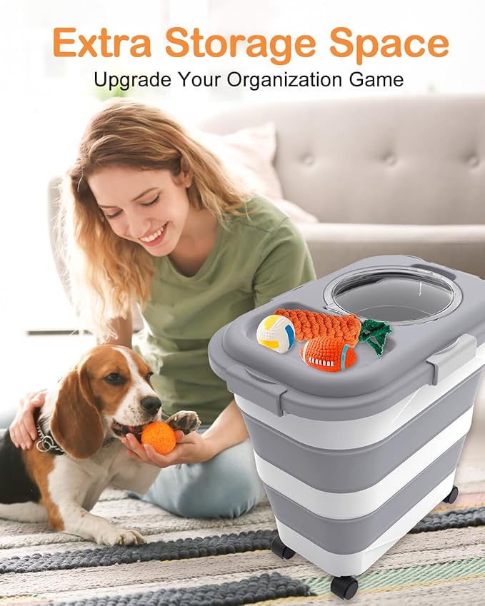 25-28 Lbs Dog Food Storage Container with Handle, Collapsible Dog Food Container with Airtight Lids, Wheels, Large Pet food storage Container for Dog Cat,Dog Food Scoop,Small Container