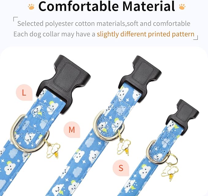 Cotton Dog Collar,Adjustable Cute Puppy Collar with Moon Patterned Design for Small Medium Large Dogs,Soft and Fancy Pet Collar with Safety Buckle for Girl Boy Dogs (Blue Cloud, L)
