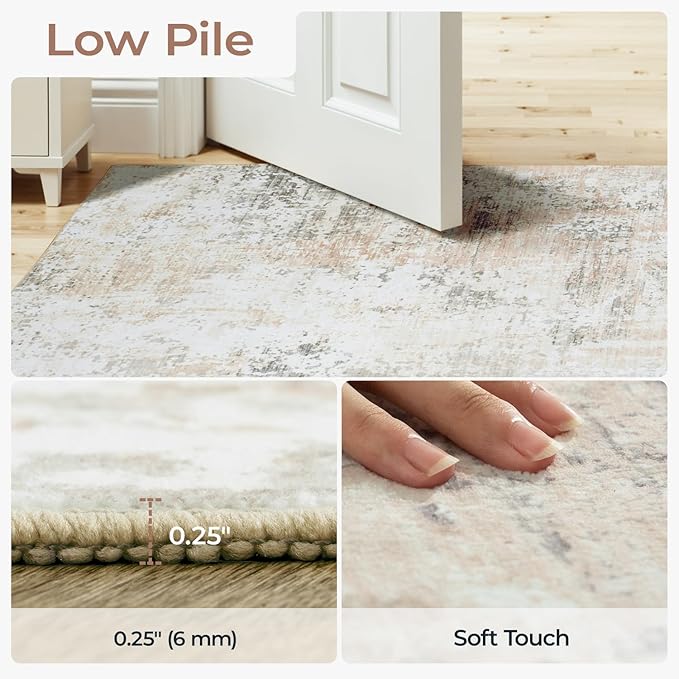 6x9 Abstract Rugs for Bedroom, Neutral Area Rug with Non-Slip Rubber Backing, Machine Washable Modern Carpet for Living Room Dorm Office Decor, Soft Low Pile Stain Resistant Cream Beige