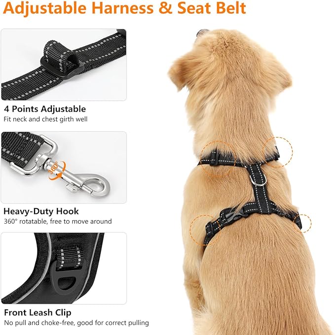 Dog Seat Belt Harness for Car, Dog Car Harness Adjustable Mesh Breathable & Dogs Seatbelt Safety Tether with Elastic Bungee for Small Medium Large Pets(Carbon Black, L)