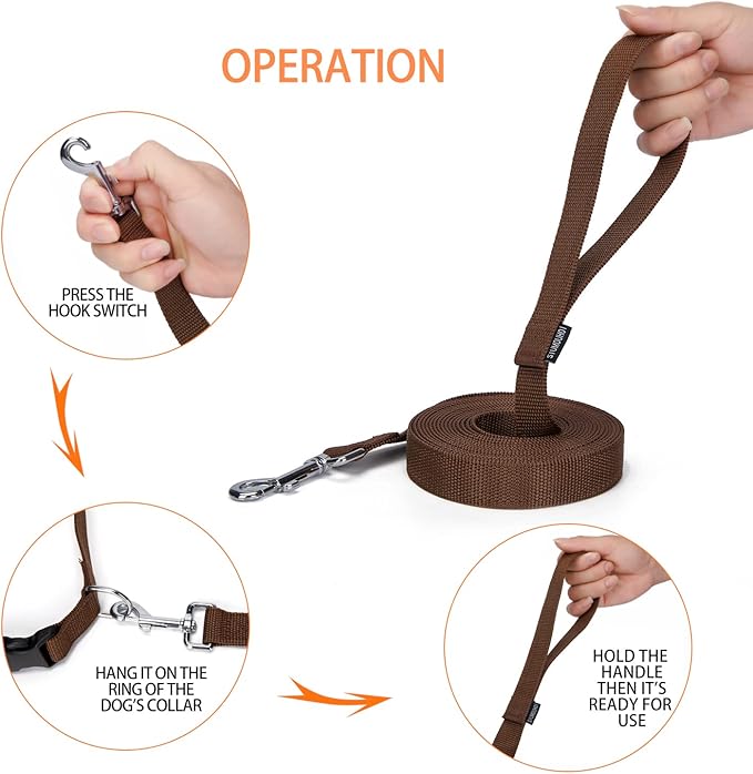 Strong Durable Nylon Dog Training Leash, 1 Inch Wide Traction Rope, 6 ft 10ft 15ft Long, for Small and Medium Dog (Brown, 15 Feet)
