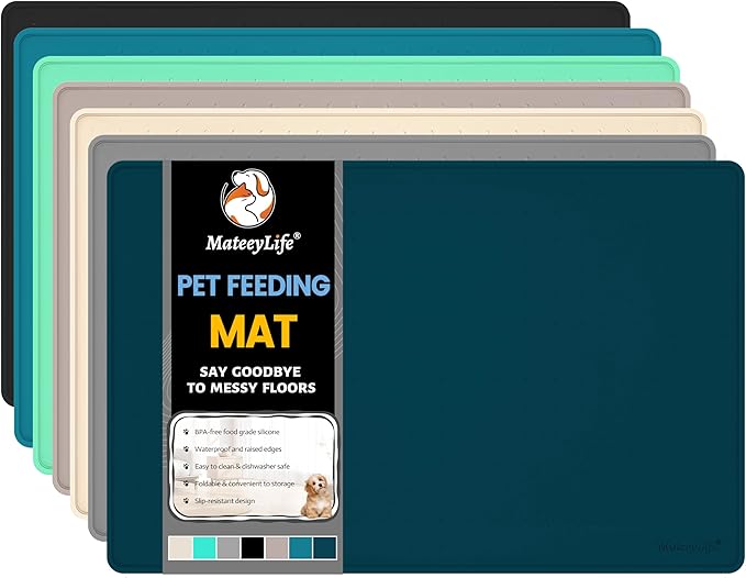 MateeyLife Dog & Cat Food Water Mat for Floors Waterproof, Nonslip Pets Bowl Feeding Mats with Raised Edges, Silicone Matt Tray for Messy Drinkers, 18"x12", Navy