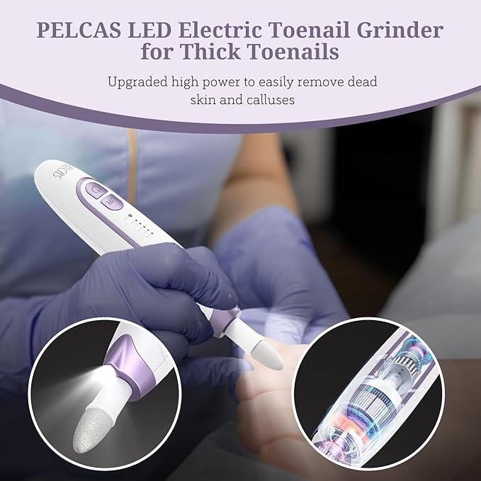 PELCAS Electric Toenail Grinder for Thick Toenails, Cordless Nail Drill, 5 Speeds Manicure and Pedicure Kit with LED Light, Electric Nail File for Human, Pet, Thick Toenails, Natural & Acrylic Nails