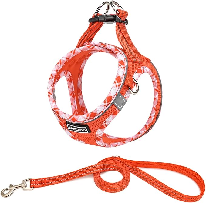 Mercano Soft Mesh Dog Harness and Leash Set, No-Chock Step-in Reflective Breathable Lightweight Easy Walk Vest Harnesses with Safety Buckle for Small Dogs, Cats (Tangerine, M)