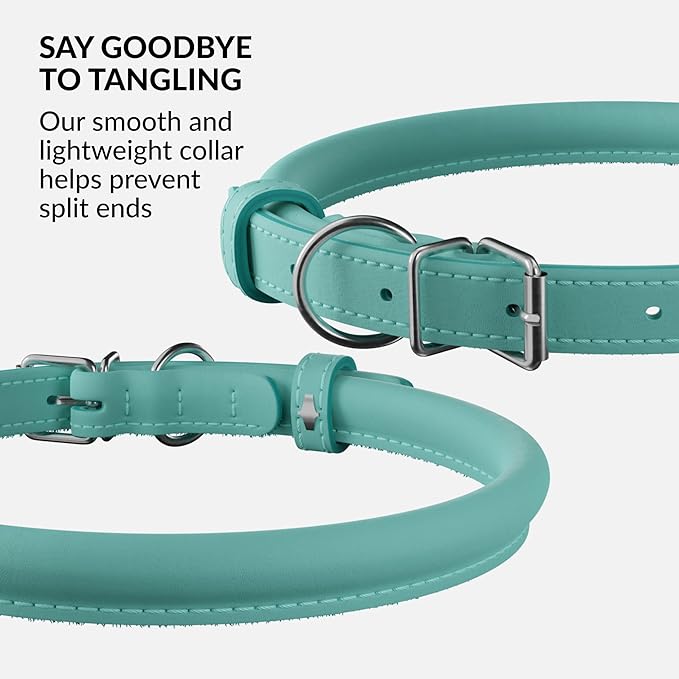 CollarDirect Rolled Leather Dog Collar, Soft Padded Round Puppy Collar, Handmade Genuine Leather Collar Dog Small Large Cat Collars 13 Colors (6-7 Inch, Mint Green Smooth)