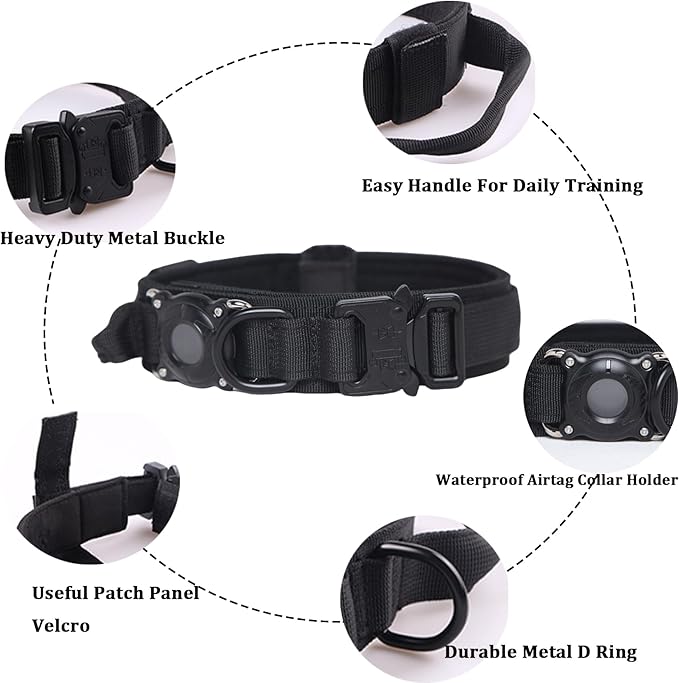 Xqpetlihai Upgraded AirTag Dog Collar Waterproof Tactical Dog Collar with AirTag Holder Heavy Duty Dog Collars for Large Dogs (Black，M