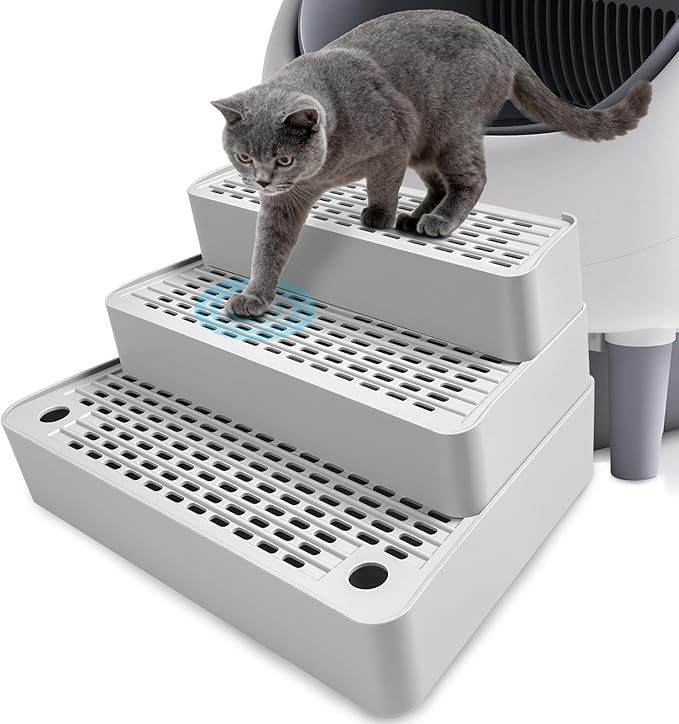 Adjustable 3 Steps Cat Litter Box Step, Litter Box Ramp with Filter Function, Non-Slip, Easy to Clean,Cat Litter Stair for Small & Elderly Cats (Light Grey)