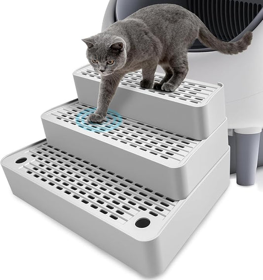 Adjustable 3 Steps Cat Litter Box Step, Litter Box Ramp with Filter Function, Non-Slip, Easy to Clean,Cat Litter Stair for Small & Elderly Cats (Light Grey)