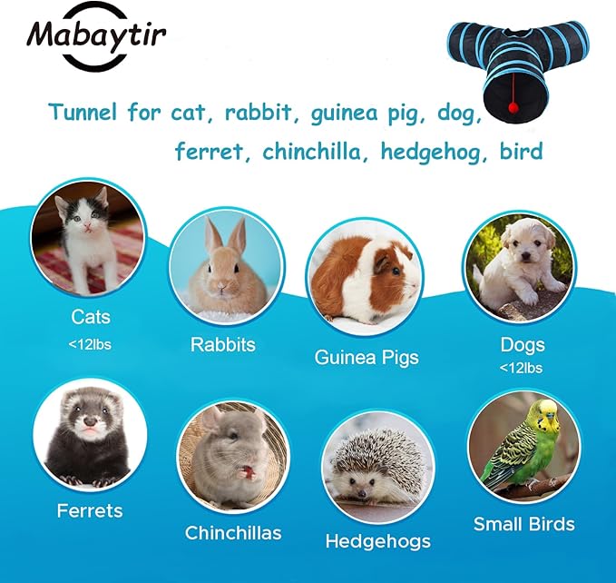 Cat Tunnel Tube Toy Collapsible 3 Way Black Blue, Pet Tunnels for Indoor Cats, Play Tubes with Hanging ball Perfect for Kitten, Puppy, Rabbit, Interactive Toys for Fun Playtime & Exercise