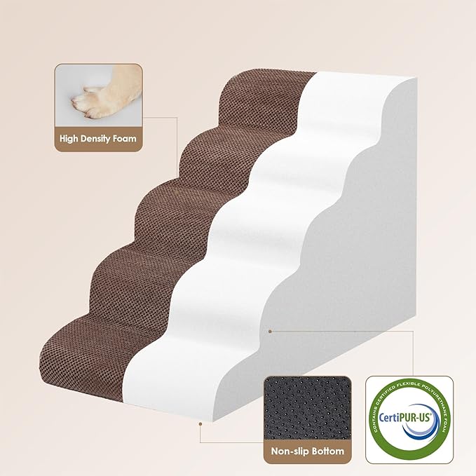EHEYCIGA Curved Dog Stairs Ramp for High Beds, 5-Step Extra Wide Dog Steps for Small Dogs and Cats, Pet Stairs for High Bed Climbing, Non-Slip Balanced Pet Step Indoor, Brown