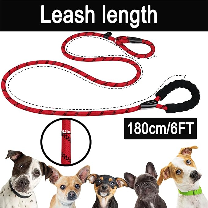 Slip Lead Dog Leash, 6 FT Heavy Duty Dog Leashes, Durable Training Rope Slip Leash with Comfortable Padded Handle and Highly Reflective Threads for Small Medium and Large Dogs, (Red)