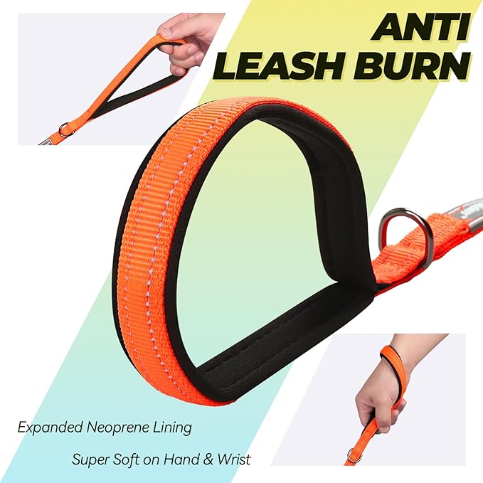 VIVAGLORY Twingrip Dog Leash, Double Handle Dog Leash for Training & Walking with Traffic Handle & 2 Loop, Traffic Control Reflective Heavy Duty for Puppy Pet, 6ft x 1/2in, Orange