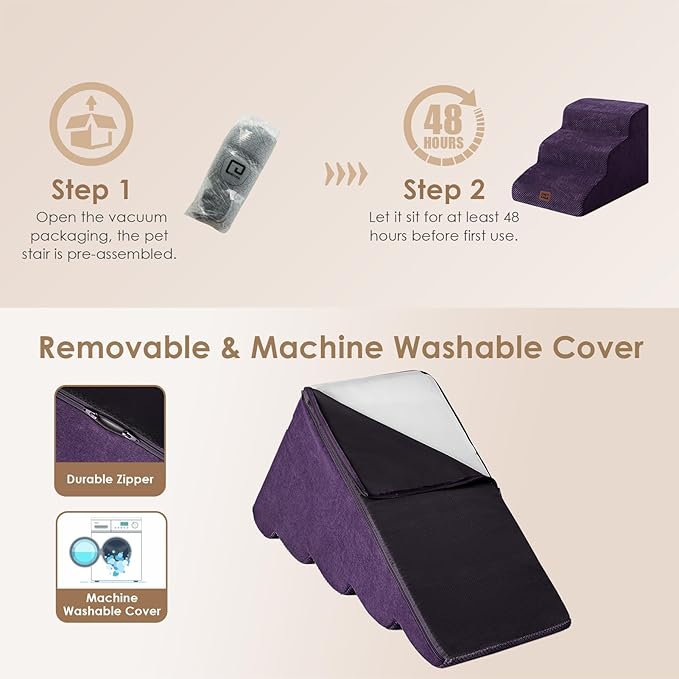 EHEYCIGA Curved Dog Stairs Ramp for Small Dogs 15.7" H, 3-Step Dog Steps for Couch Sofa and Chair, Pet Stairs for Cats, Non-Slip Balanced Pet Steps Indoor, Purple