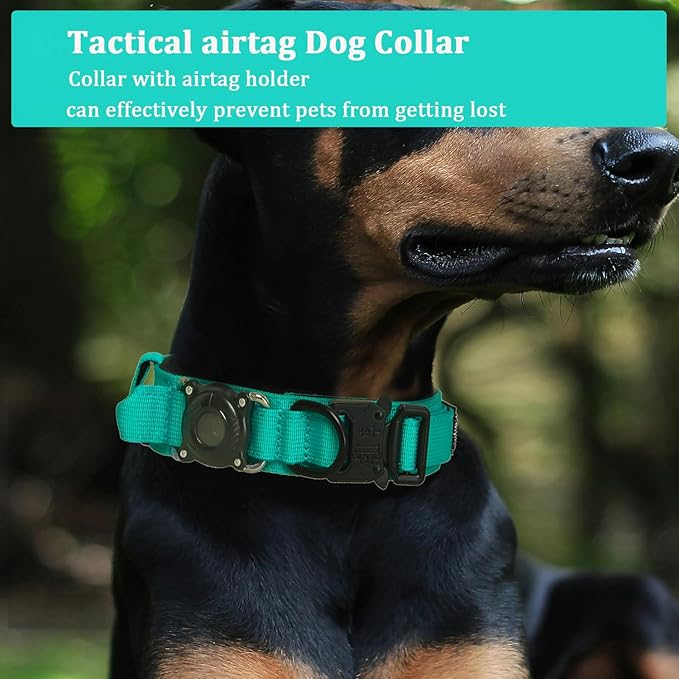 Xqpetlihai Upgraded AirTag Dog Collar Waterproof Tactical Dog Collar with AirTag Holder Heavy Duty Dog Collars for Large Dogs (Teal，XXL