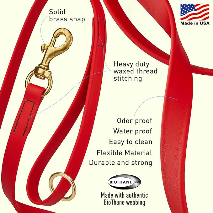 Viper Biothane K9 Working Dog Leash Waterproof Lead for Tracking Training Schutzhund Odor-Proof Long Line with Solid Brass Snap for Puppy Medium and Large Dogs 6ft, Cherry Red
