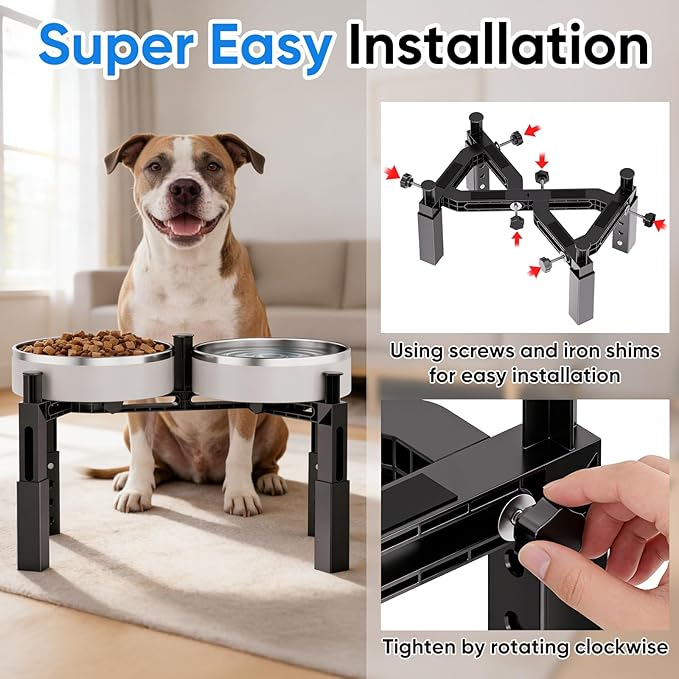 Aystkniet Dog Bowl Stand with Adjustable Height & Width, Anti-Slip Elevated Food Water Bowl Holder for Large Medium Small Dogs, Durable Raised Dog Feeder for Lifted Feeding, Only Stand (Without Bowls)