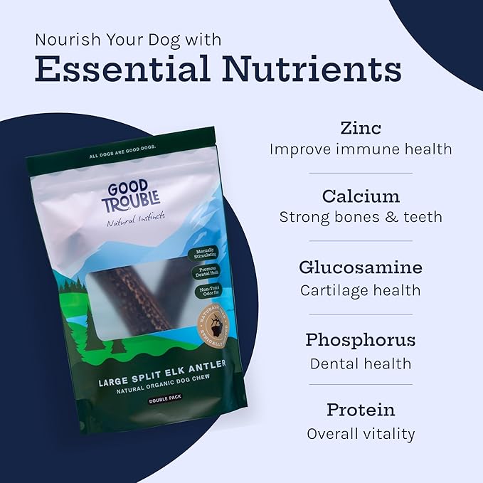 Good Trouble Premium Elk Antlers for Large Dogs – 2 Pack Whole - All-Natural, Shed Antler Chews for Dental Health & Calming - Durable Dog Bones - Cruelty-Free, North American Sourced