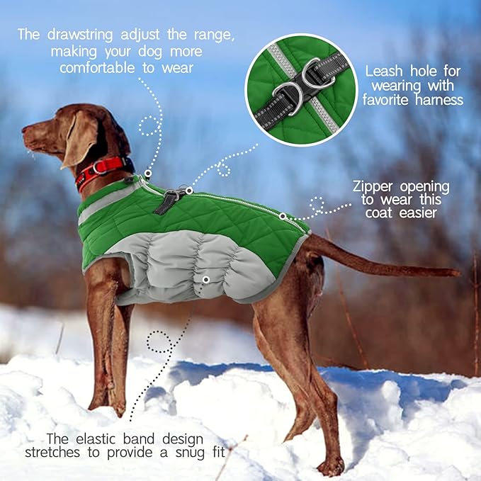 FUAMEY Dog Coat for Large Dogs,Waterproof Dog Winter Jacket with Harness Built in Puppy Cold Weather Coats Reflective Pet Vest with Zipper Warm Fleece Dogs Snowsuit Windproof Green L