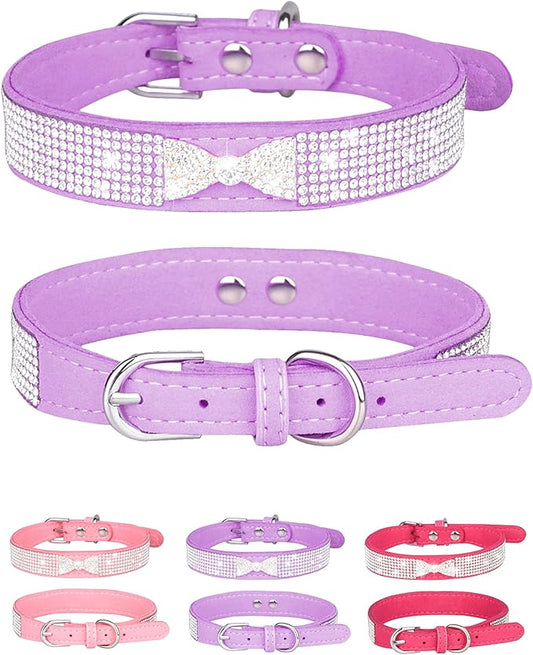 Bling Dog Collar for Small Medium Large Dogs, Crown Rhinestone Dog Collars for Girl and boy Dog, Diamond Puppy Collars, Adjustable Leather Suede SOFE Cat Collar (M(13"-15.4"/33CM-39CM), Purple2)