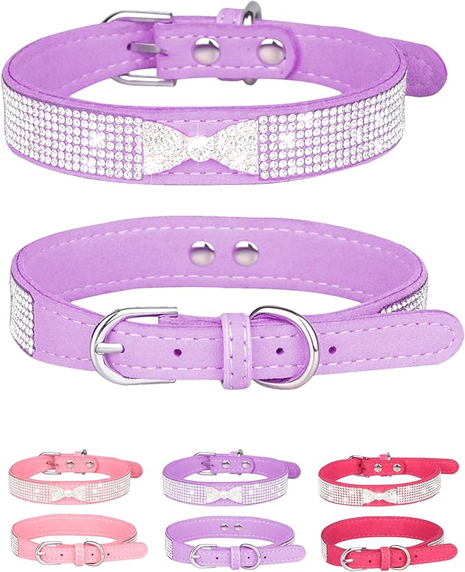 Bling Dog Collar for Small Medium Large Dogs, Crown Rhinestone Dog Collars for Girl and boy Dog, Diamond Puppy Collars, Adjustable Leather Suede SOFE Cat Collar (XS(8.2"-10.6"/21CM-27CM), Purple2)