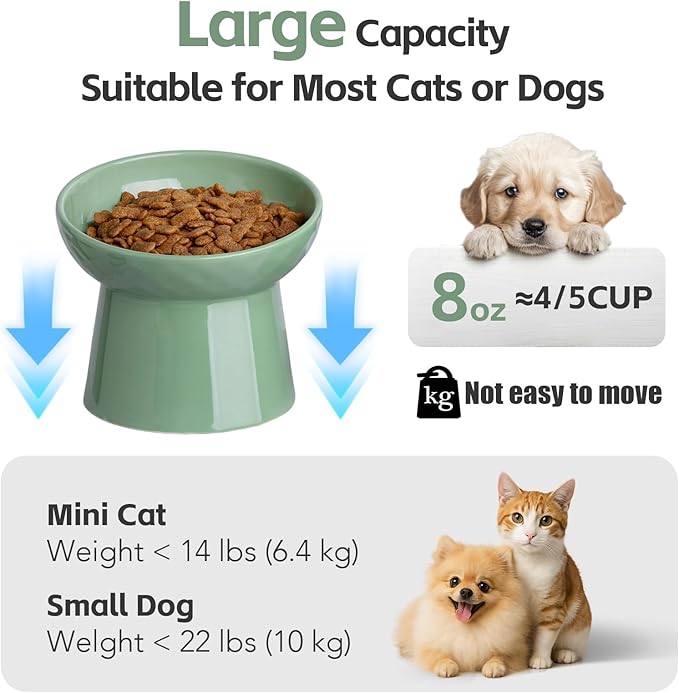 YauYik Raised Cat Bowl, Elevated Cat Food Bowls with Tilted Angle, Stress Free, Anti Vomiting, Ceramic Water Bowl for Cats Small Dogs Feeding Dish, 8 Ounces (Green-1)