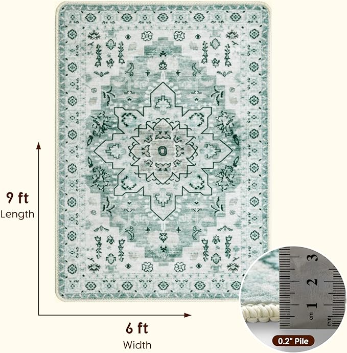 LBRO2M Boho Area Rug 6X9 Washable Rugs for Bedroom Low Piles Indoor Carpet, Non Slip Soft Rug for Living Room, Dining Room, Green Rug Foldable Pet Friendly Area Rugs Stain Resistant (6'X9' Green)
