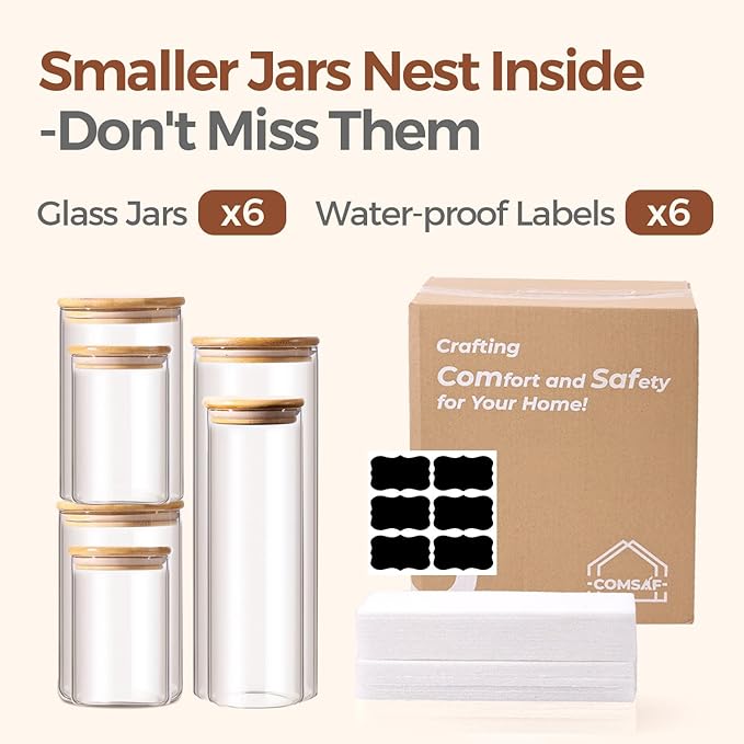 ComSaf Glass Food Storage Jars Set of 6, Clear Glass Storage Containers with Lids, Canisters Sets for the kitchen, Spaghetti, Pasta, Flour, Nuts, Oat, Coffee and Sugar Container, Pantry Organization