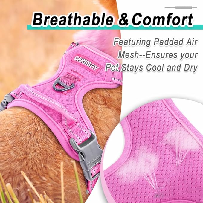 BARKBAY Dog Harness No Pull Mesh for Large Dogs - Adjustable, Reflective, Comfortable, No Choke, Heavy-Duty - Perfect for Outdoor Training, Walking, and Hiking - Strong & Durablee - XL & Pink Mesh