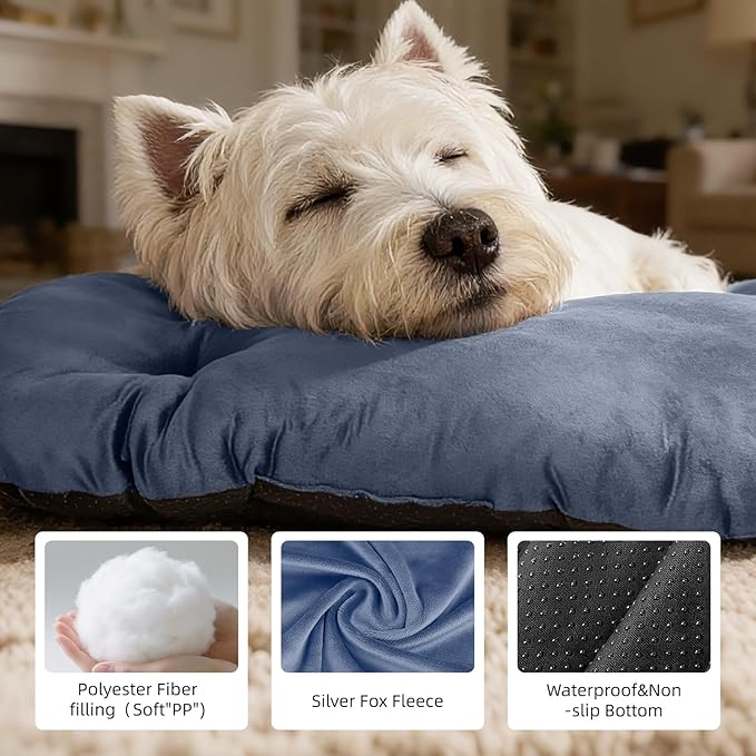 Dog Bed for Small Dogs & Cats 23”x17”, Non-Slip Washable Faux Silver Fox Fur Crate Pad, Durable Oval Pet Mat, Mist Blue