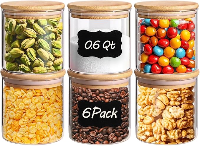 ComSaf Airtight Glass Food Storage Jars Set of 6, 0.6 Qt Clear Glass Food Storage Container with Sealing Wooden Lid, Stackable Spice Jar, Round Kitchen Canister for Sugar, Tea, Coffee bean, Pasta, Oat