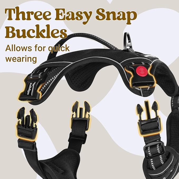 rabbitgoo Dog Harness Medium Sized, No Pull Pet Harness with Soft Padded Handle, Adjustable Reflective Vest with 3 Buckles, Easy Walking Harness with 2 Leash Clips, Black, M