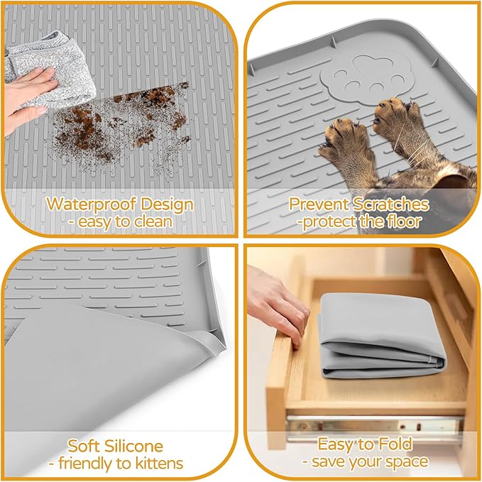 Lanstics Cat Food Mat, 50" x35" Large Silicone Mat Cat Feeding Mat with Raised Edge Non-Slip Pet Feeding Mat for Food and Water Bowl, Easy to Clean, Floor Protection (Gray)