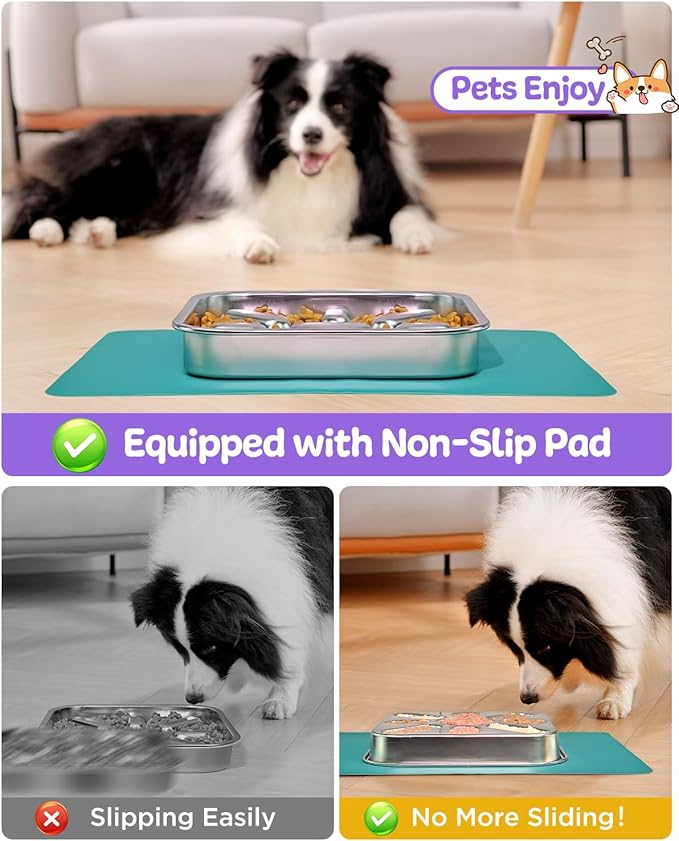 Slow Feeder Dog Bowls with Non-Slip Mat, Stainless Steel Metal Slow Feeder for Small & Medium Dogs, 2.5 Cups Pet Bowl for Fast Eaters, Slows Down Eating, Dishwasher Safe, Anti-Gulping Dog Bowl
