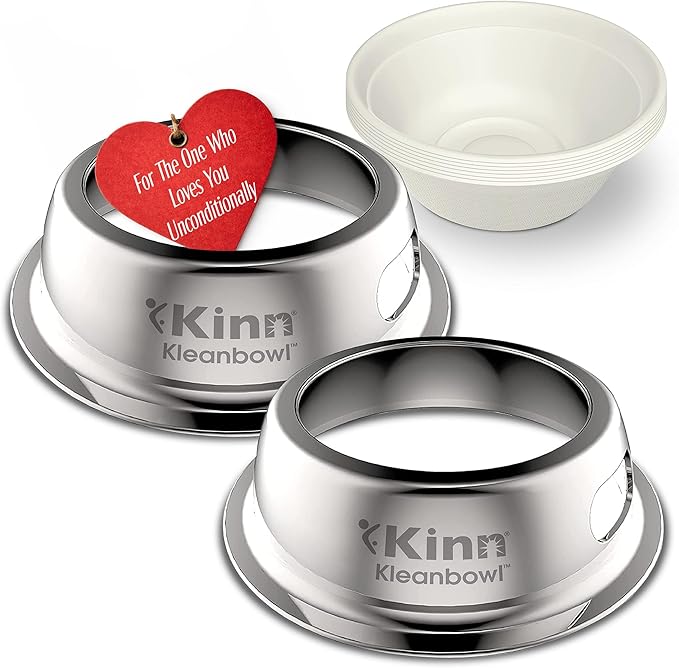 Kinn Kleanbowl Pet Bowl Stainless Steel Frame with Compostable Refills, 16 oz (Pack of 2) – Spill-Proof Stable Disposable Pet Bowls for Easy Cleaning and Healthy Pets, No Plastic