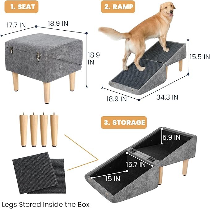 3-in-1 Dog Ramp with Storage – Pet Stairs for Dogs & Cats, Easy on Joints for Senior & Injured Pets, Hidden Storage Footstool, Anti-Slip, Supports 220 lbs, 18" High for Beds & Sofas